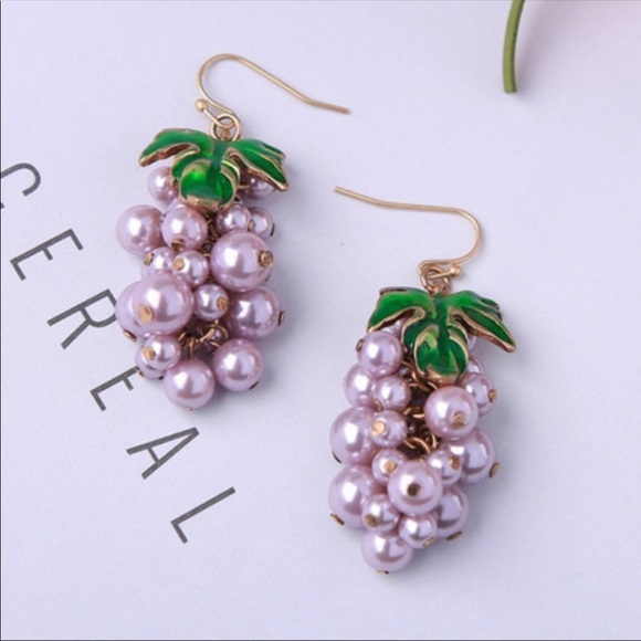 Purple Pearl Green Leaves Grapes Drop Earrings - Picture 3 of 4
